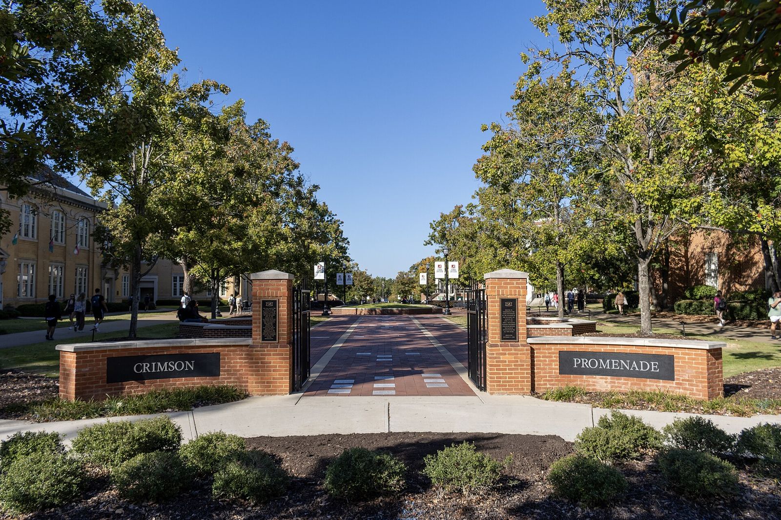 The brick entrance markers of the Crimson Promenade at the University of Alabama