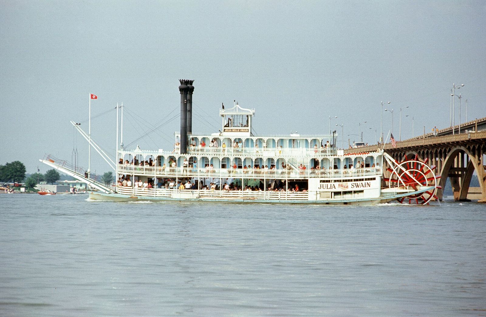 The paddlewheel steamboat Julia Belle Swain on the Tennessee River at Decatur, with a highway bridge behind