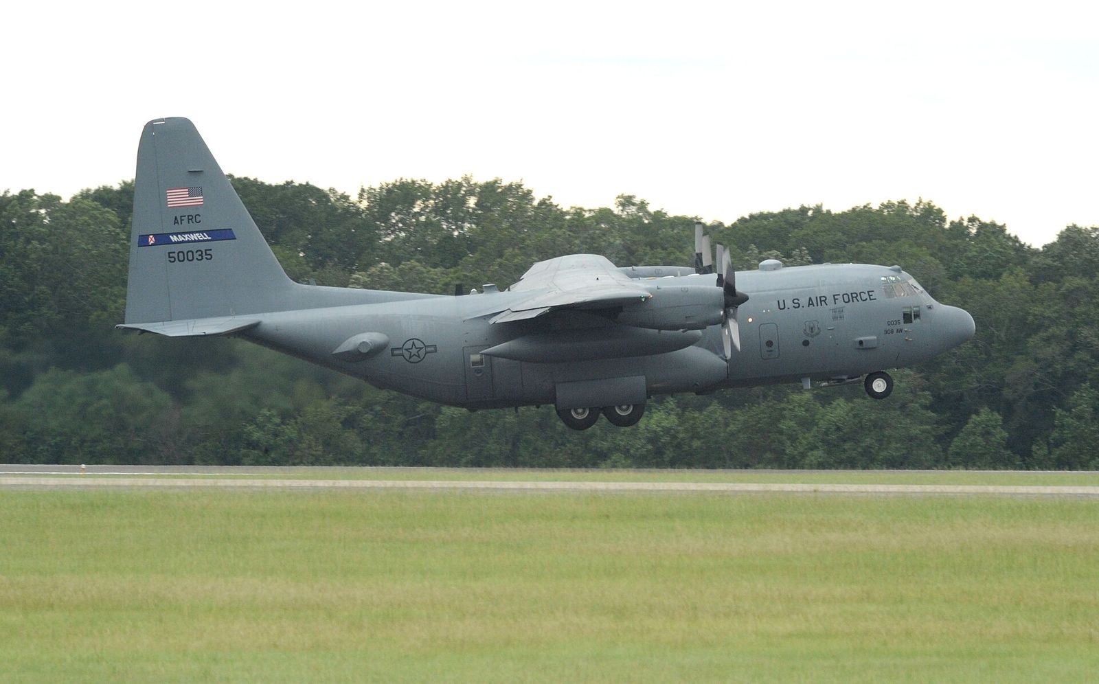 A C-130 cargo plane of the 357th Airlift Squadron taking off from Maxwell Air Force Base in Montgomery