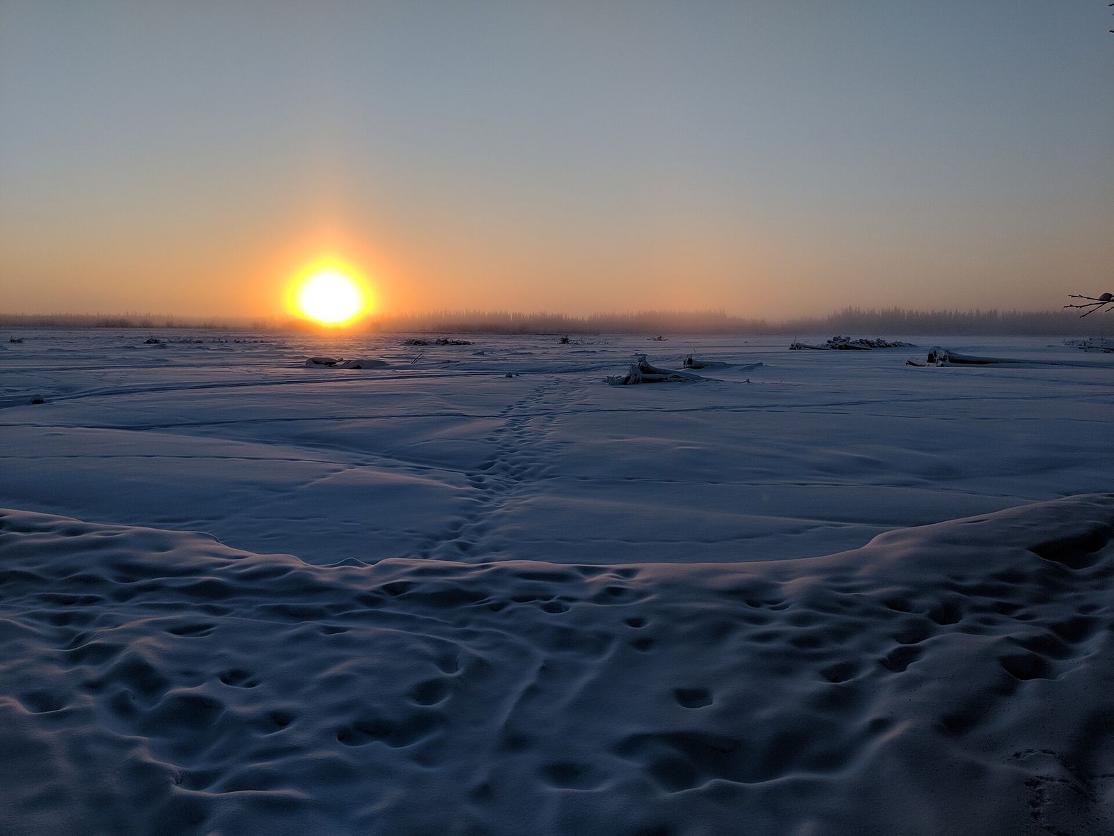 A low winter sun on the horizon over the snow-covered Tanana River near Fairbanks