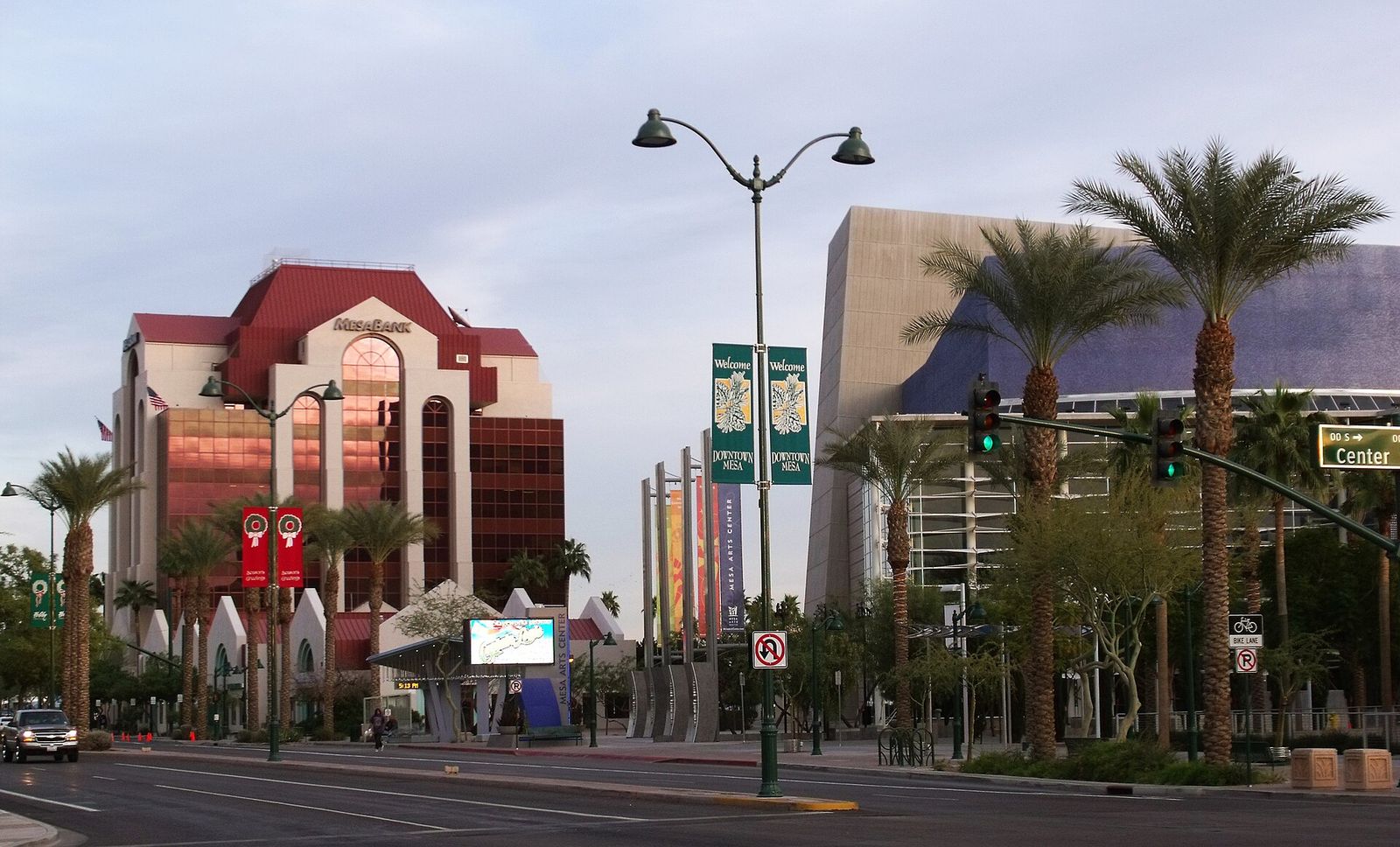 Downtown Mesa, with the Mesa Bank building and the Mesa Arts Center
