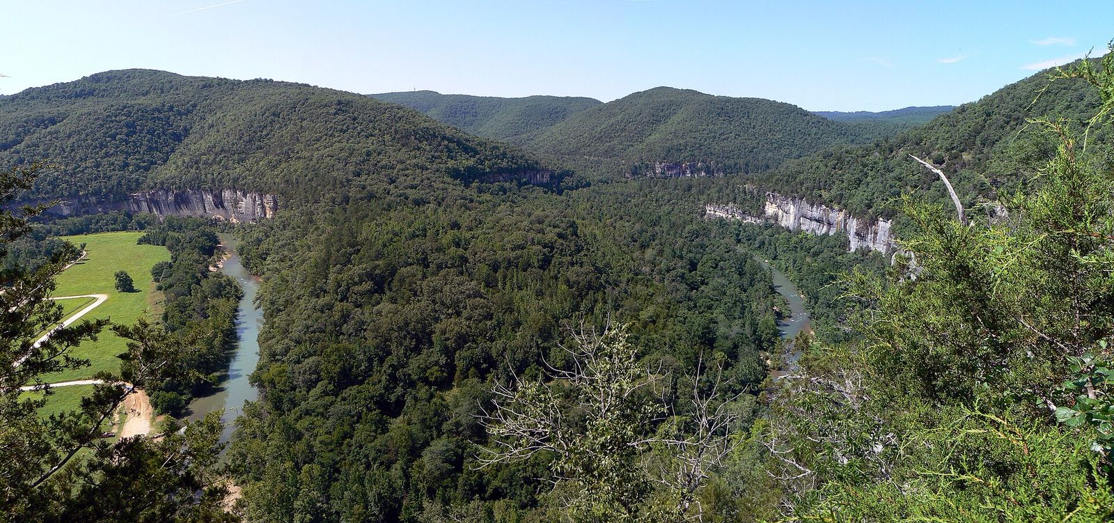 A wide bend of the Buffalo National River below forested bluffs, seen from the Steel Creek overlook