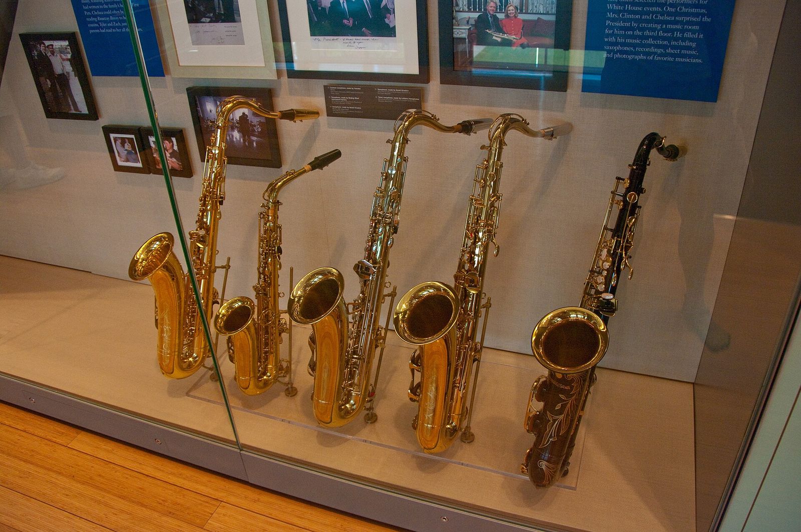 Tenor saxophones on display at the Clinton Presidential Library in Little Rock