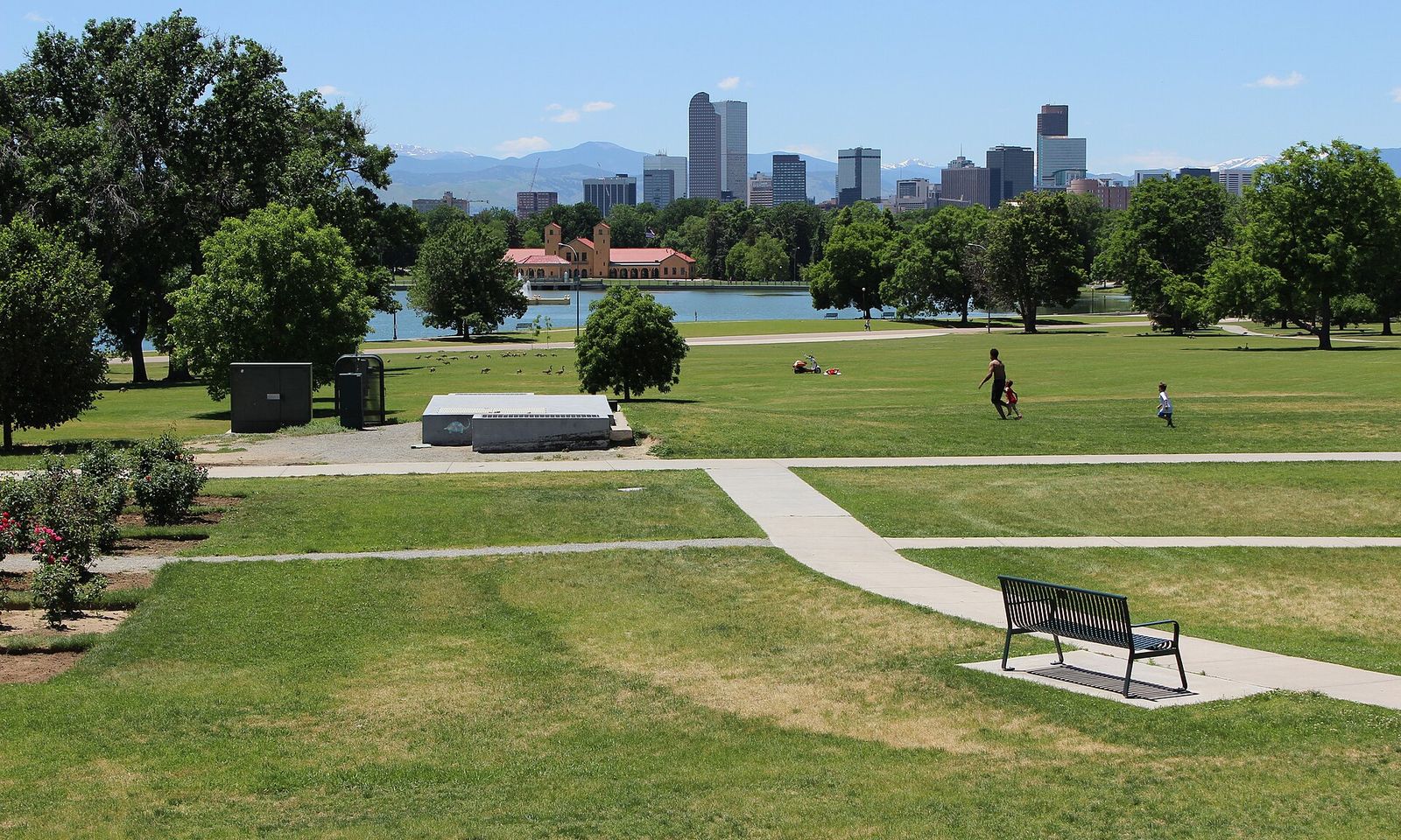 City Park looking over Ferril Lake toward the downtown Denver skyline