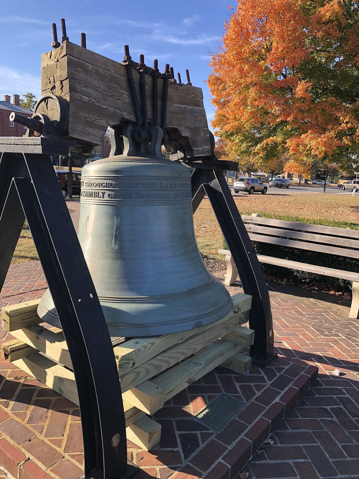 Delaware's 1950 replica Liberty Bell on the state capitol grounds in Dover in autumn