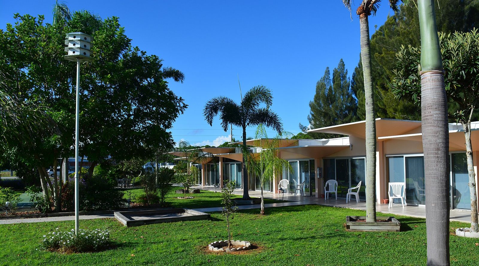The courtyard of the Warm Mineral Springs Motel on South Tamiami Trail, with palms and a mid-century building behind a lawn
