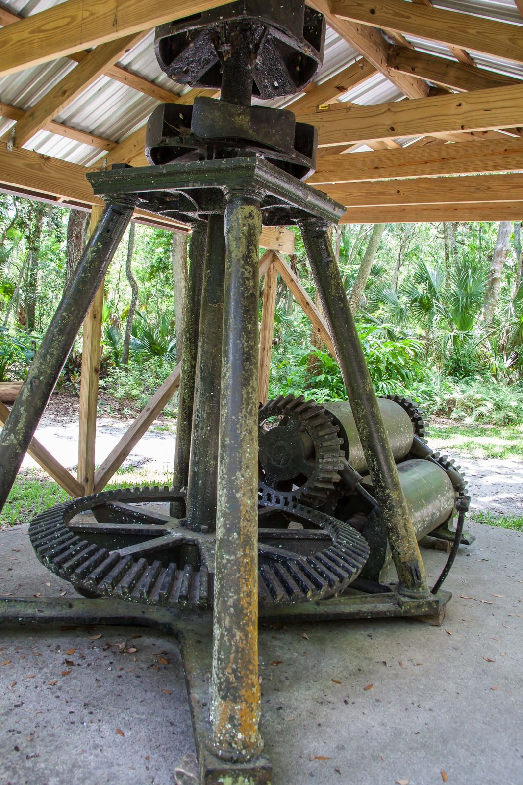 Rusted iron mill machinery among palms at the Dunlawton Plantation and Sugar Mill ruins in Port Orange