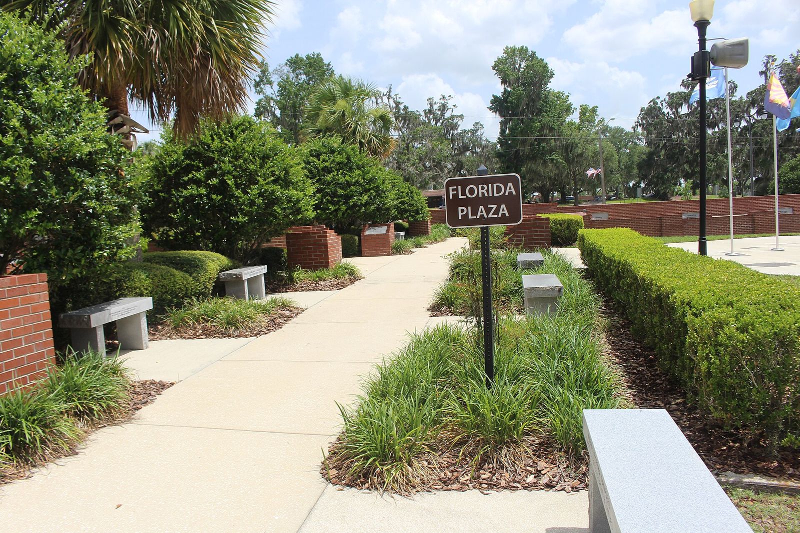 The Florida plaza at the Ocala Marion County Veterans Memorial Park, with flags and memorial stones