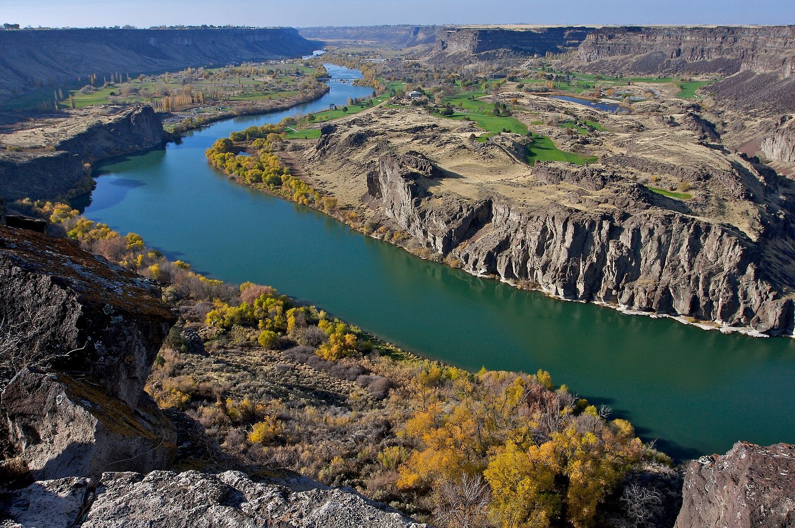 The Snake River winding through its deep canyon below Twin Falls, seen from the Perrine Bridge