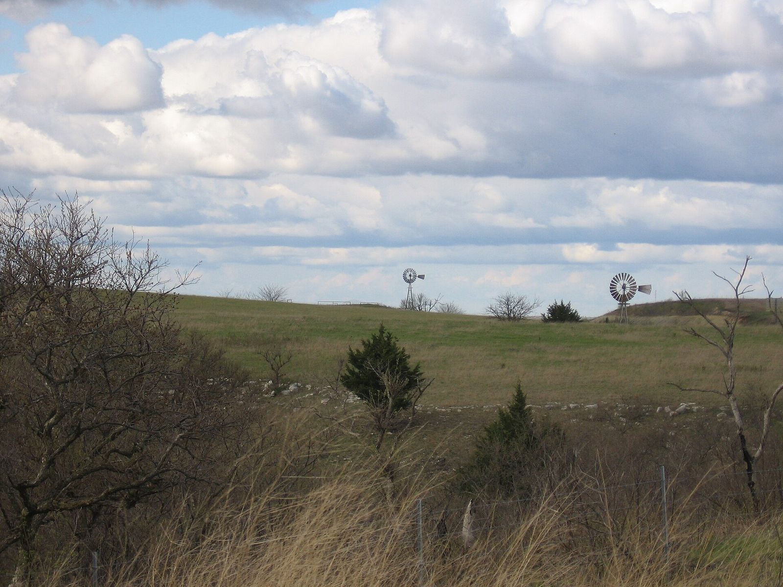Windmills standing on the open grassland of the Kansas Flint Hills