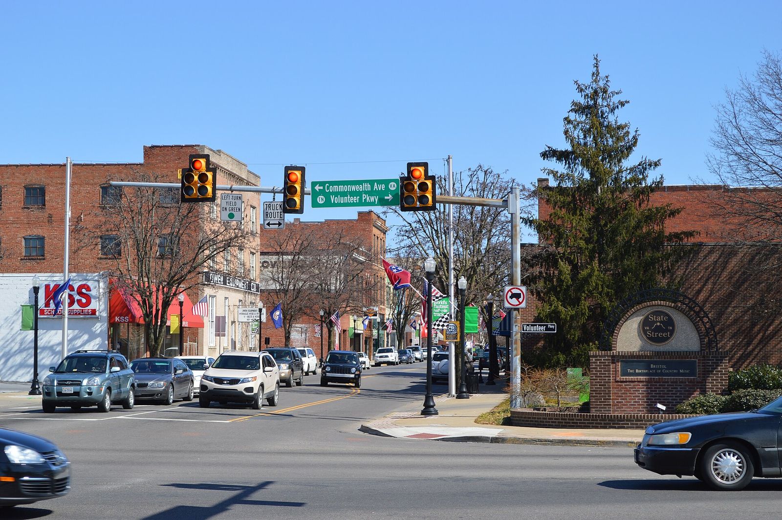 Shops and brick buildings lining State Street, the street the two Bristols share