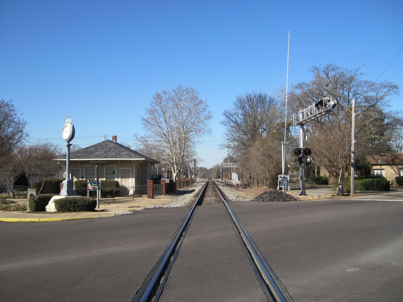 The Germantown train station beside the railroad crossing