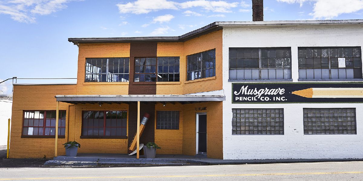 The orange and white Musgrave Pencil Company building in Shelbyville
