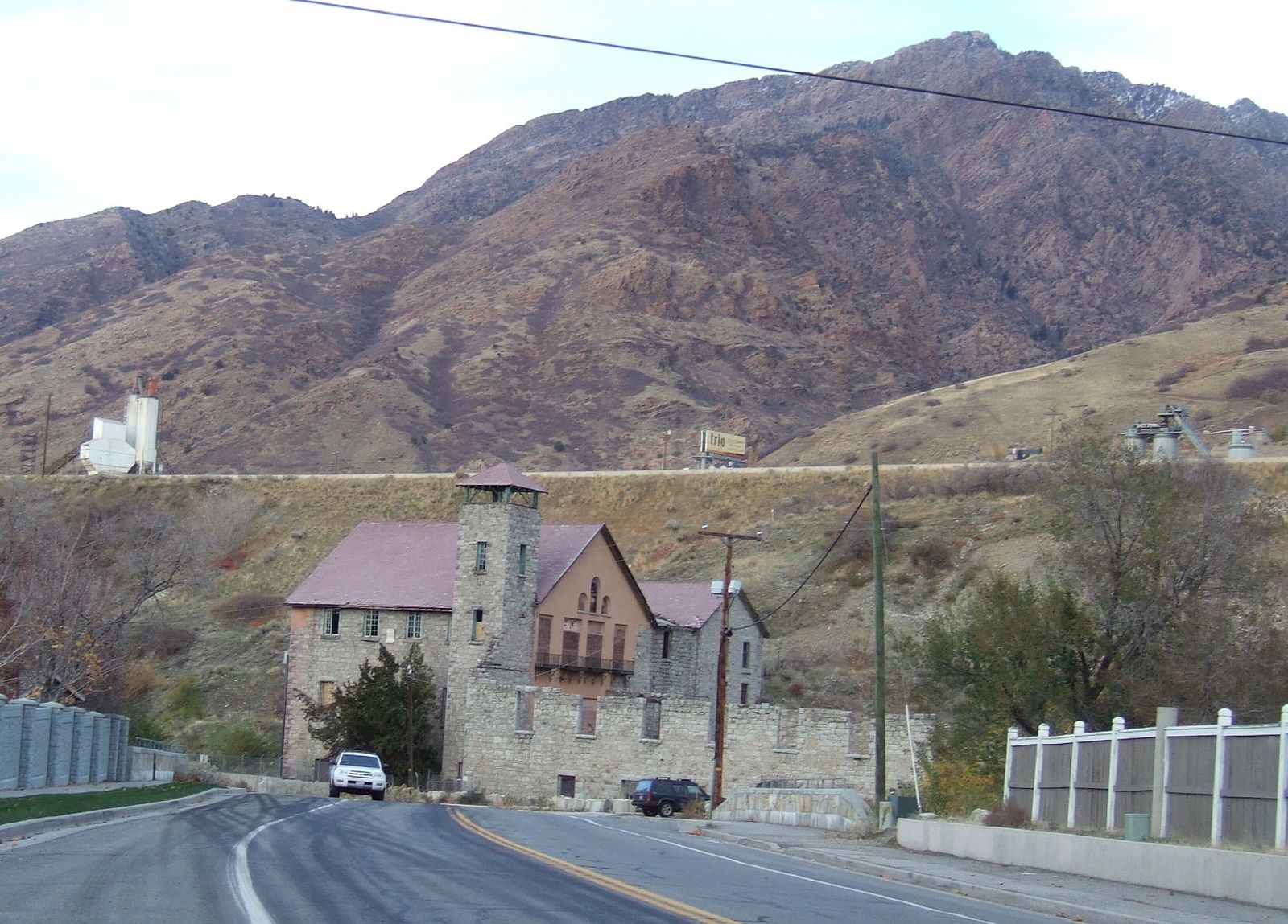 The stone ruins of the old Cottonwood Paper Mill beside the road near the mouth of Big Cottonwood Canyon