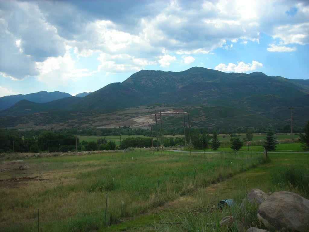 Green pasture and scattered trees in the Heber Valley below wooded Wasatch mountains