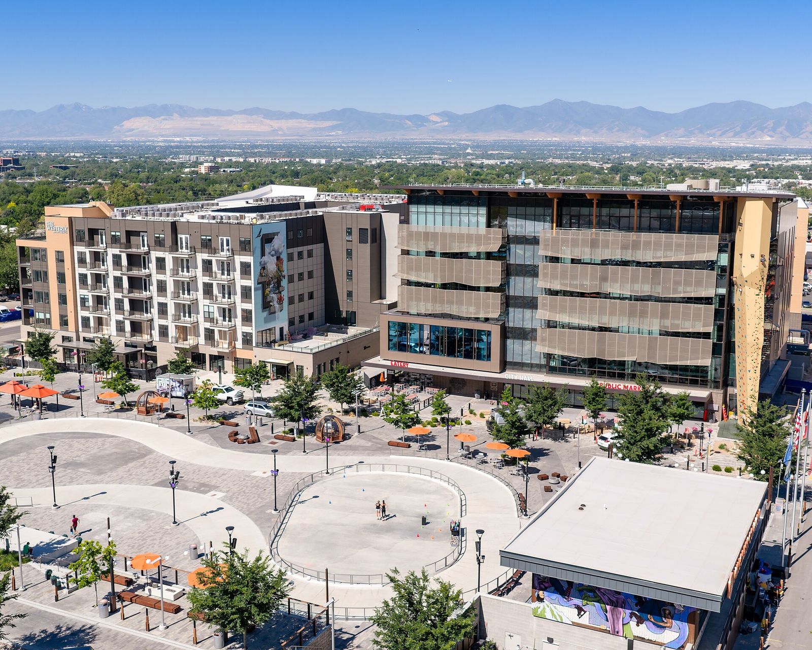 Millcreek City Hall seen from above, with its skate loop, climbing wall and apartments to the south