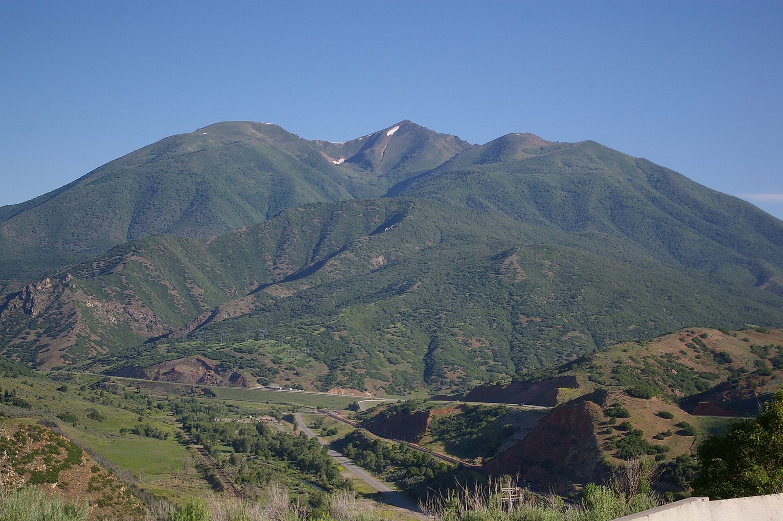 Green mountains above Spanish Fork Canyon, seen from the view area that honors the lost town of Thistle